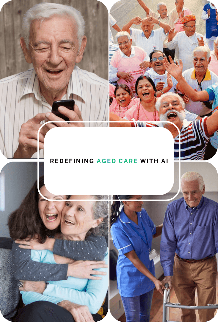 Elderly care with AI - showing seniors using technology, caregivers helping elderly people, and healthcare workers providing support