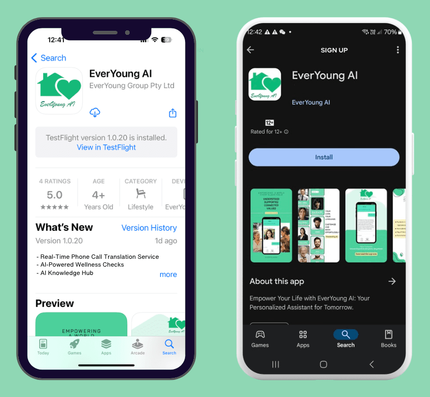EverYoung AI mobile app screenshots showing app interface and sign up screen