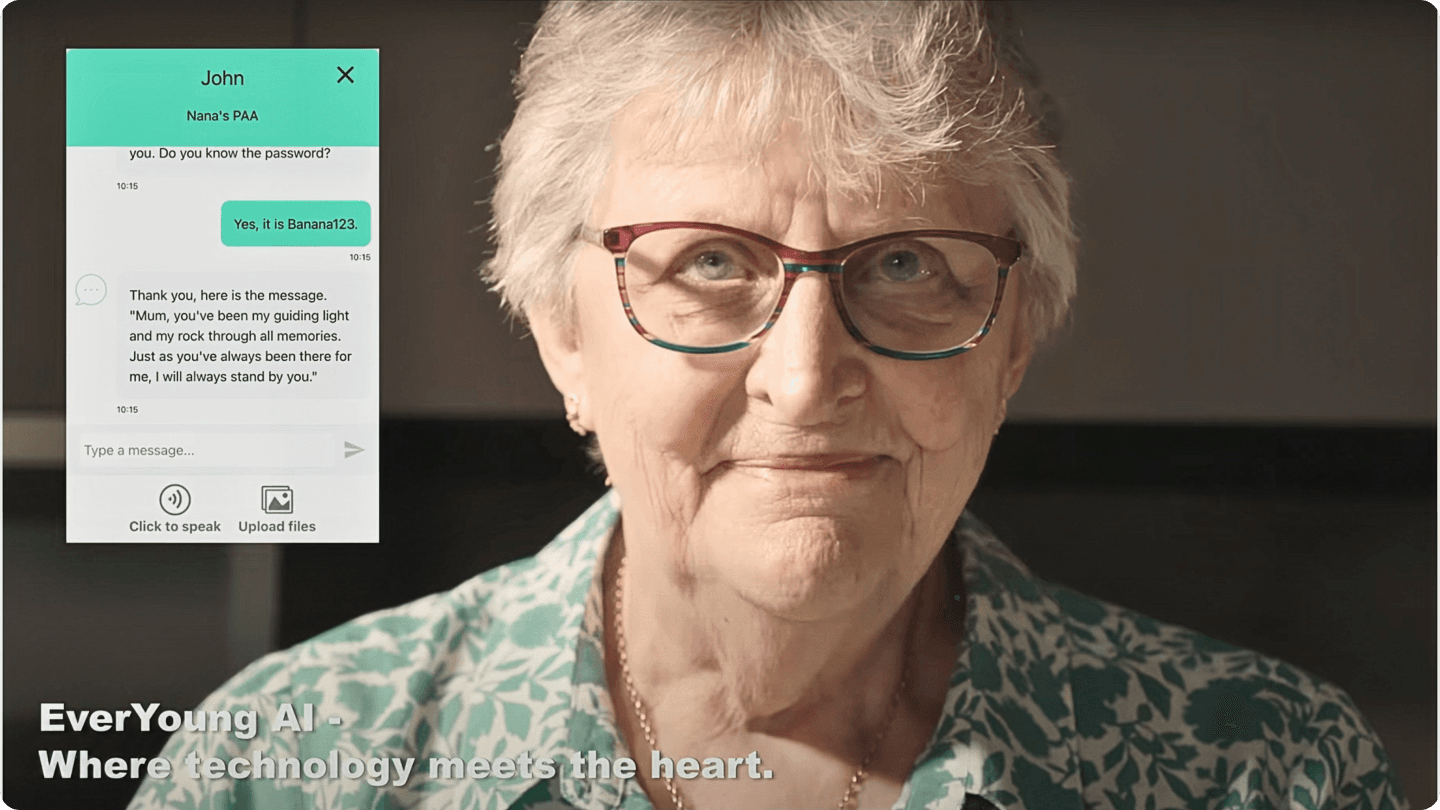 EverYoung AI - Where technology meets the heart. Video showing elderly woman using AI assistant